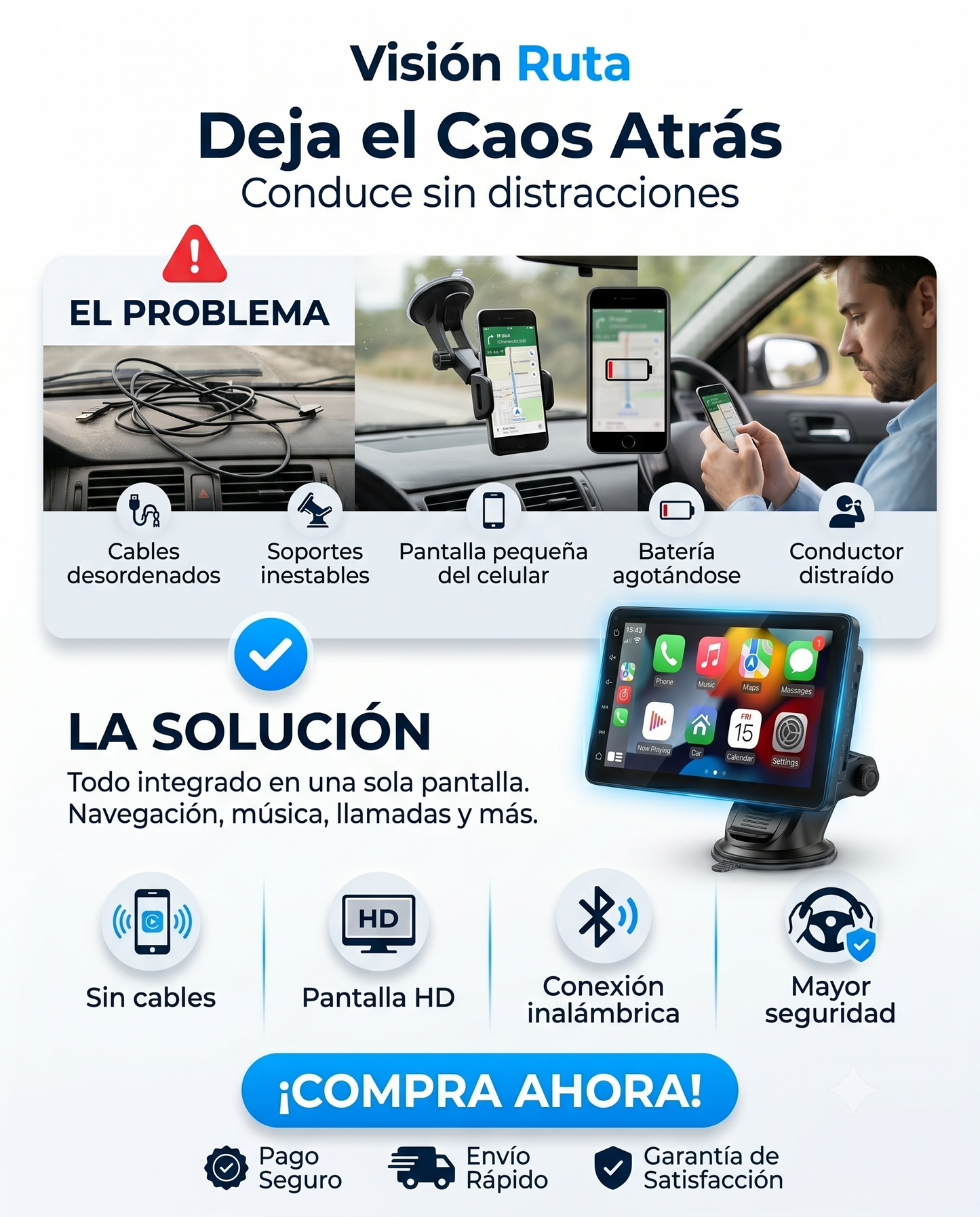 Pantalla Inteligente 7" con CarPlay y Android Auto Inalámbrico